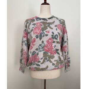 Vintage De Rotchild Sweater Womens M Silk Angora Pink Gray Floral Fuzzy Knit